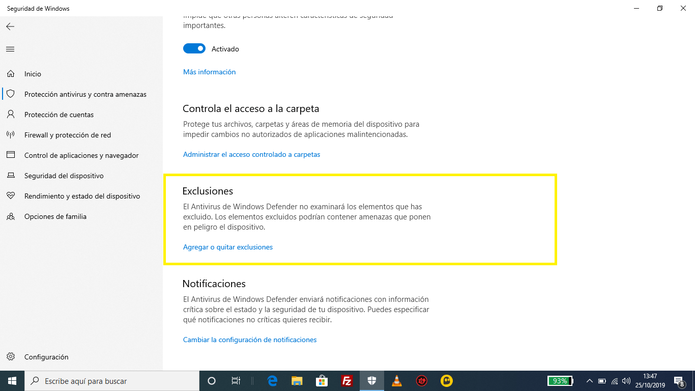 Windows Defender crear exclusiones