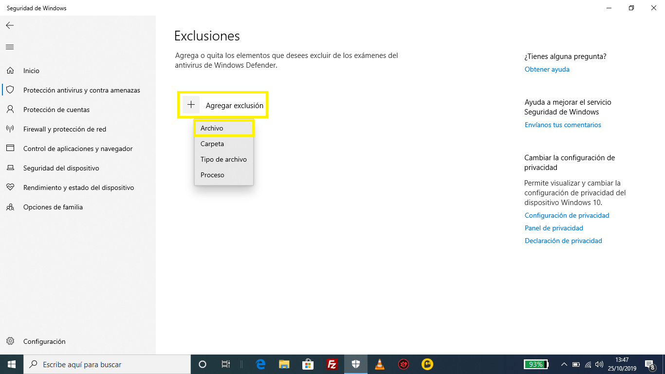 Windows Defender agregar exclusión